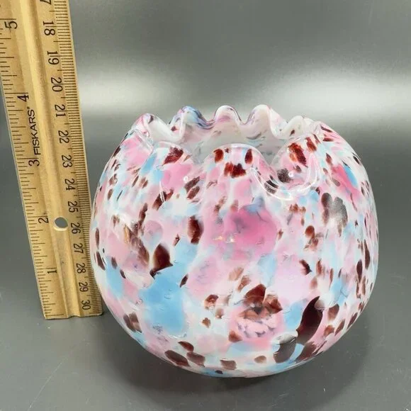 Czech Art Glass Rose Bowl Dish Hand Blown Multicolor Spots Bowl Ruffled‎ Edges - Picture 2 of 14